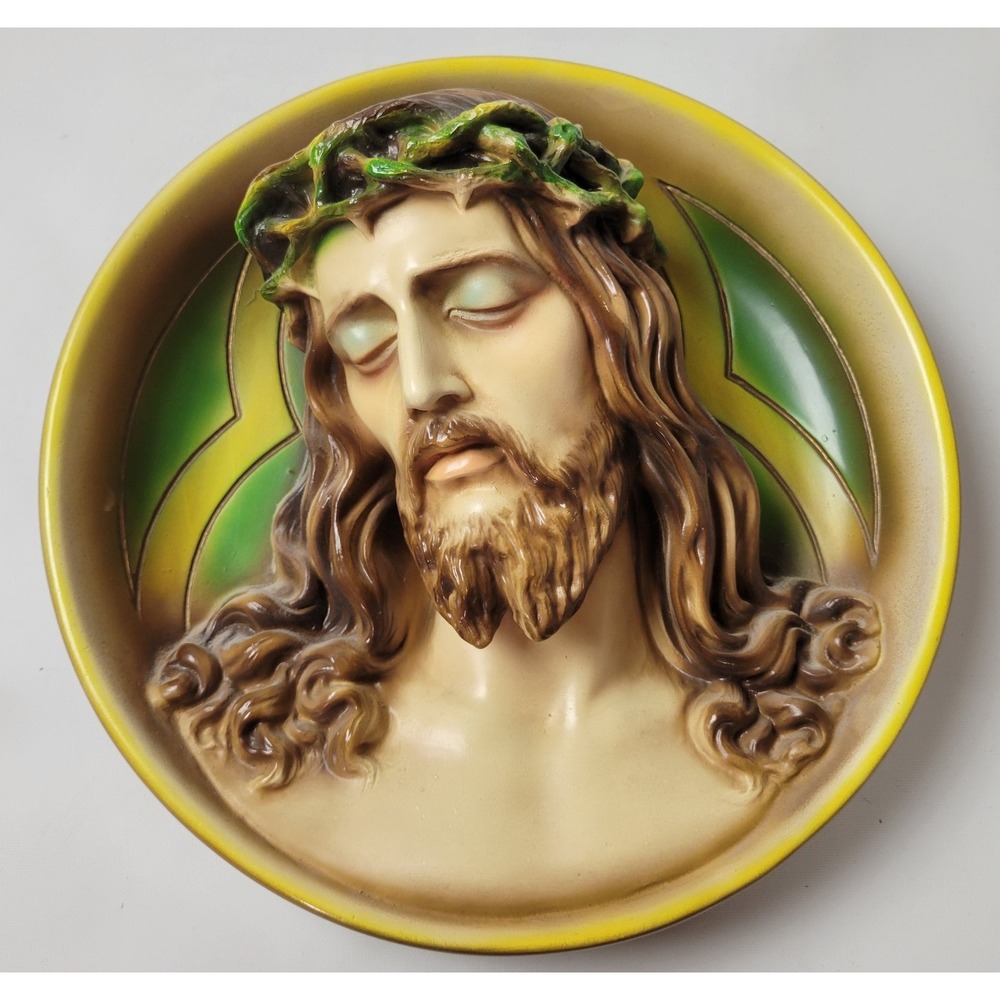 Vintage Chalkware Face of Christ Wall Plaque 13" Jesus Crown of Thorns Relief